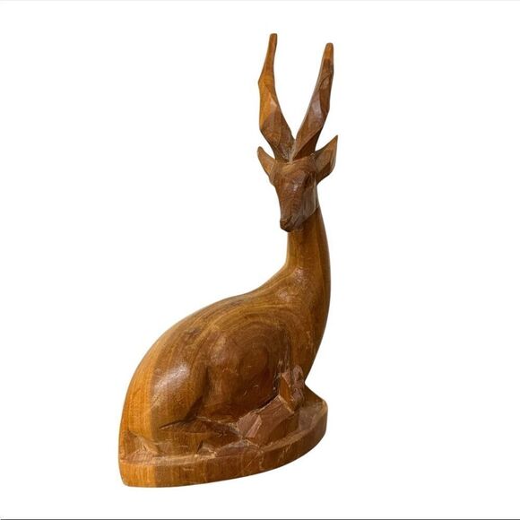 Antelope Gazelle Mid Century Hand Carved Teak Wooden Figurines Pair Vintage 6" - Picture 1 of 7